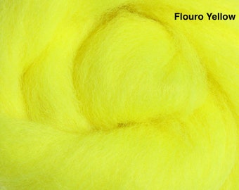 100% wool roving for felting or spinning, 62 colours available. Fluorescents
