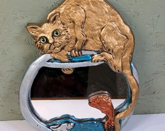 Vintage 70s George Maharaja Painted Cat On Top Of Fishbowl Mirror Wall Hanging