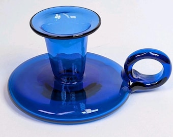 Jamestown Glasshouse Cobalt Blue Hand Blown Glass Chamberstick Candle Holder