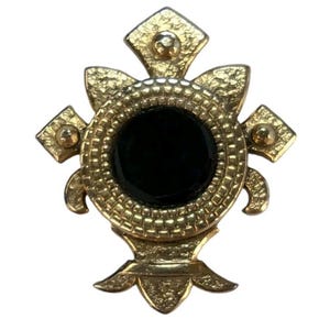 Vintage Gold Tone Brass Estate Brooch / Pin With Shiny Black Glass Cabochon 2&quot;