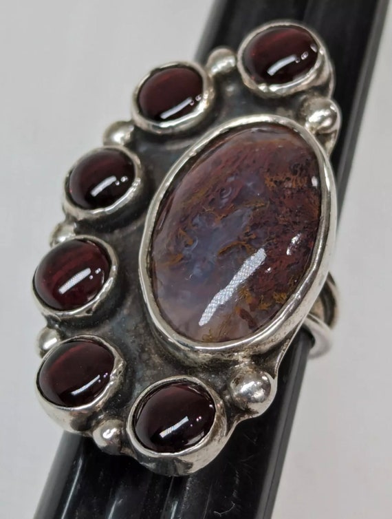 Navajo Natural Red Moss Agate 6 Garnets 925 Sterli