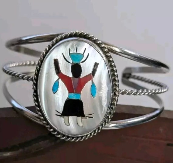 Dancing Kachina Huge Vintage Zuni Turquoise Native American Jewelry Silver Bracelet Old Vtg Sterling Dancing Kachina Huge Vintage Zuni Turquoise Native American Jewelry Silver Bracelet Old Vtg Sterling