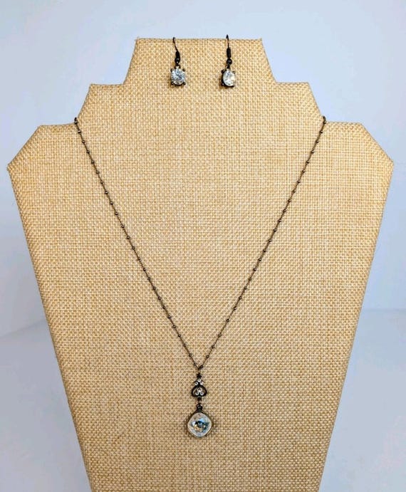 Vintage Anne Koplik Designs Iridescent Crystal 18” Necklace & Earrings Set