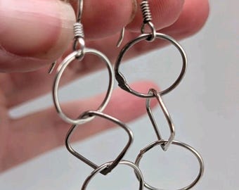 Vintage 90s Sterling Silver 925 Hammered Open Circle Kinetic Dangle Earrings
