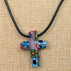 Vintage Handmade Hippy Multicolor Fimo Polymer Clay Cross Pendant Cord Necklace