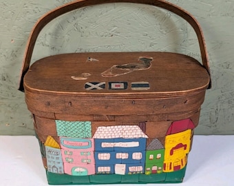 Vintage Signed Caro Nan Hand Painted Cape Cod Lighthouse Basket w/ Handle