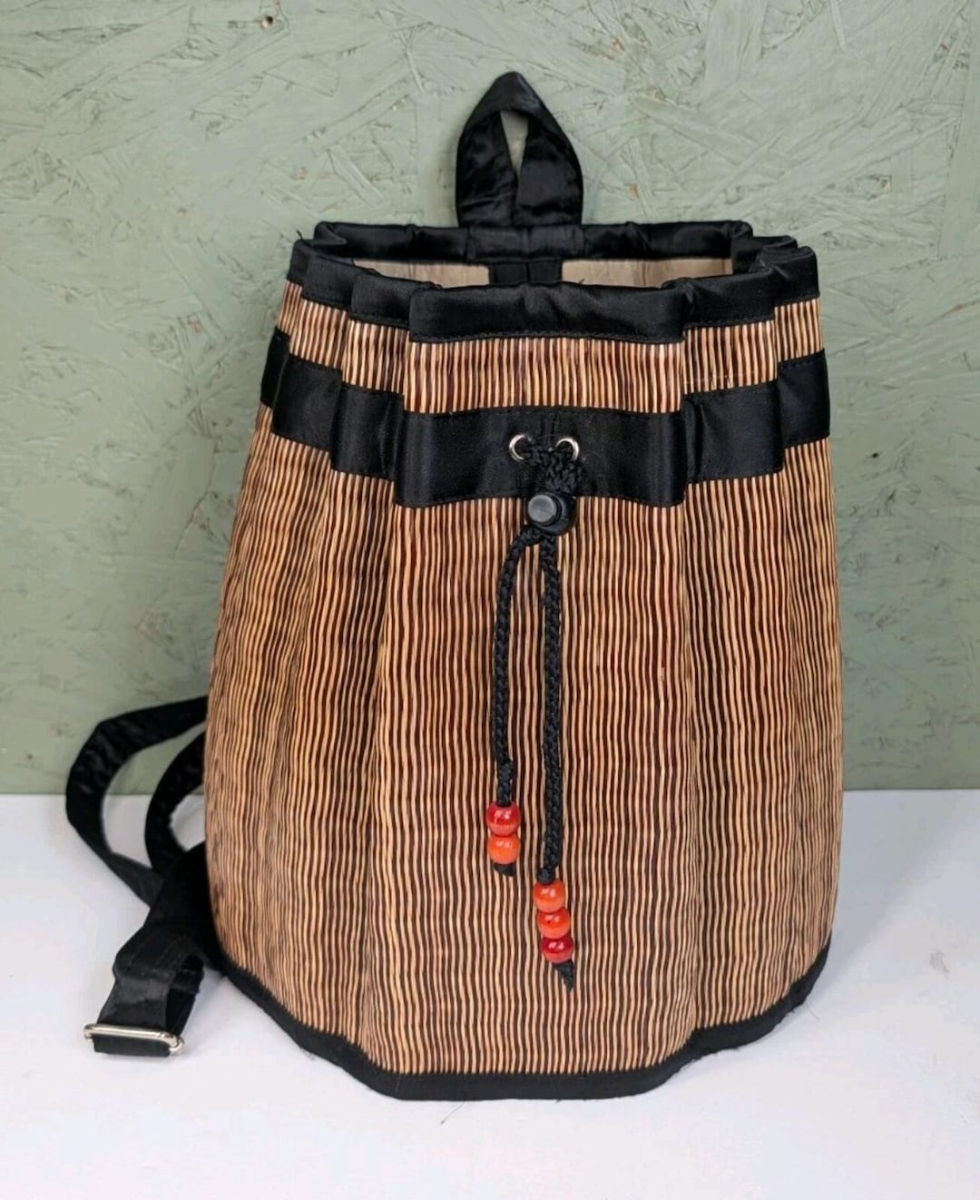 Woven Reed Backpack Handmade Baskets of Cambodia Natural Black Woven Reed Drawstring ...