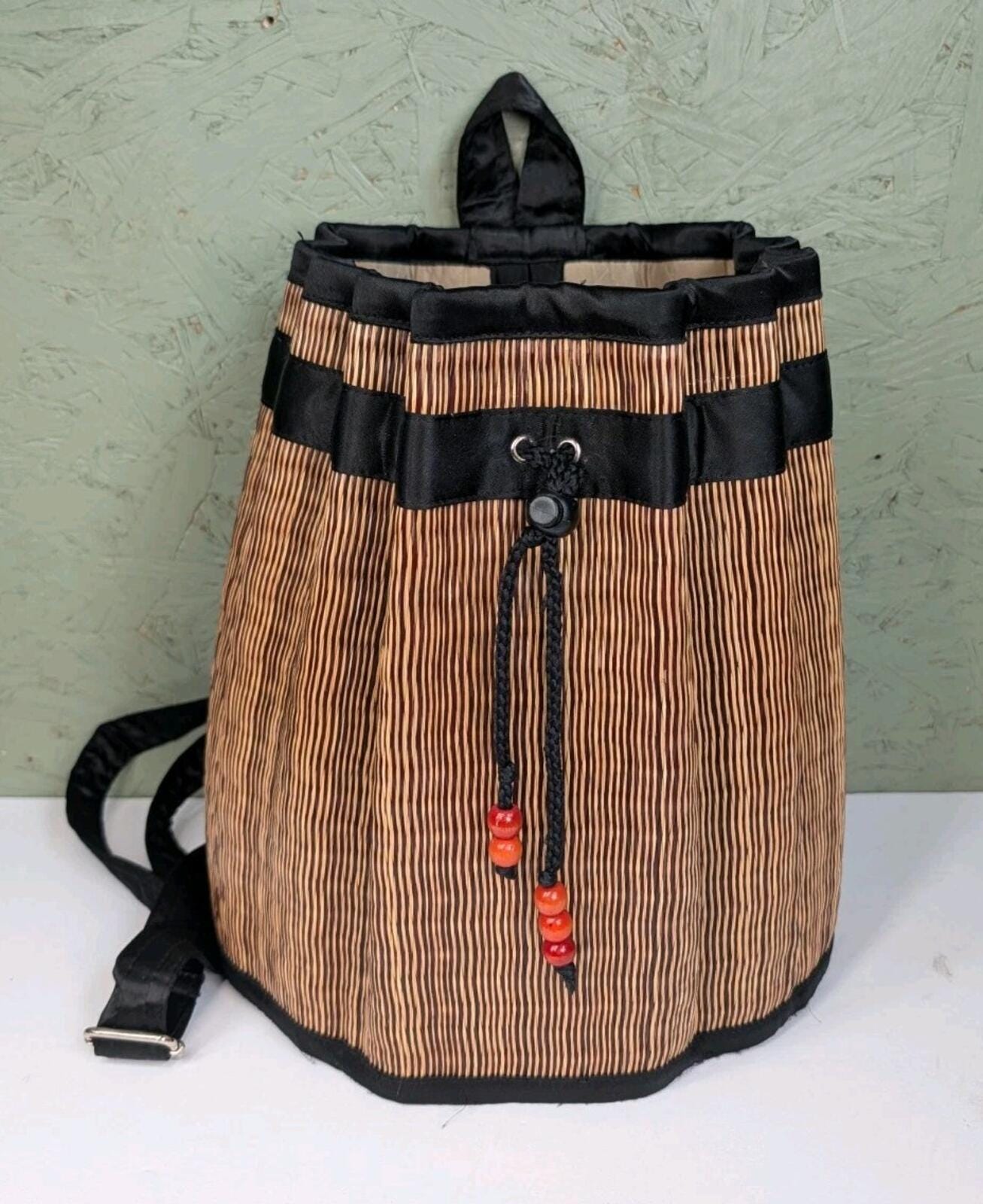 Baskets of Cambodia Woven‎ Drawstring Backpack Purse Tan Black Trim Medium Baskets of Cambodia Purse - Etsy main image 3