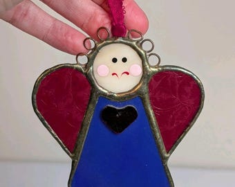 Small Vintage Stained Glass Angel Heart Suncatcher Christmas Ornament