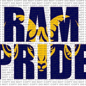 May include: A blue and gold graphic design with the words "RAM PRIDE" in a bold font. The letters are filled with a pattern of ram horns.
