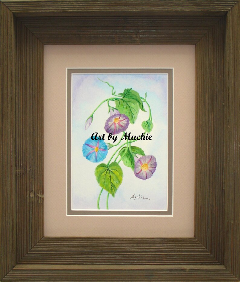 A One-of-a-Kind Original 7” x 5” Watercolor Painting Titled “Morning Glories” in a Double Mat & Mounted in a 13” x 11.12” Rustic Wood Frame