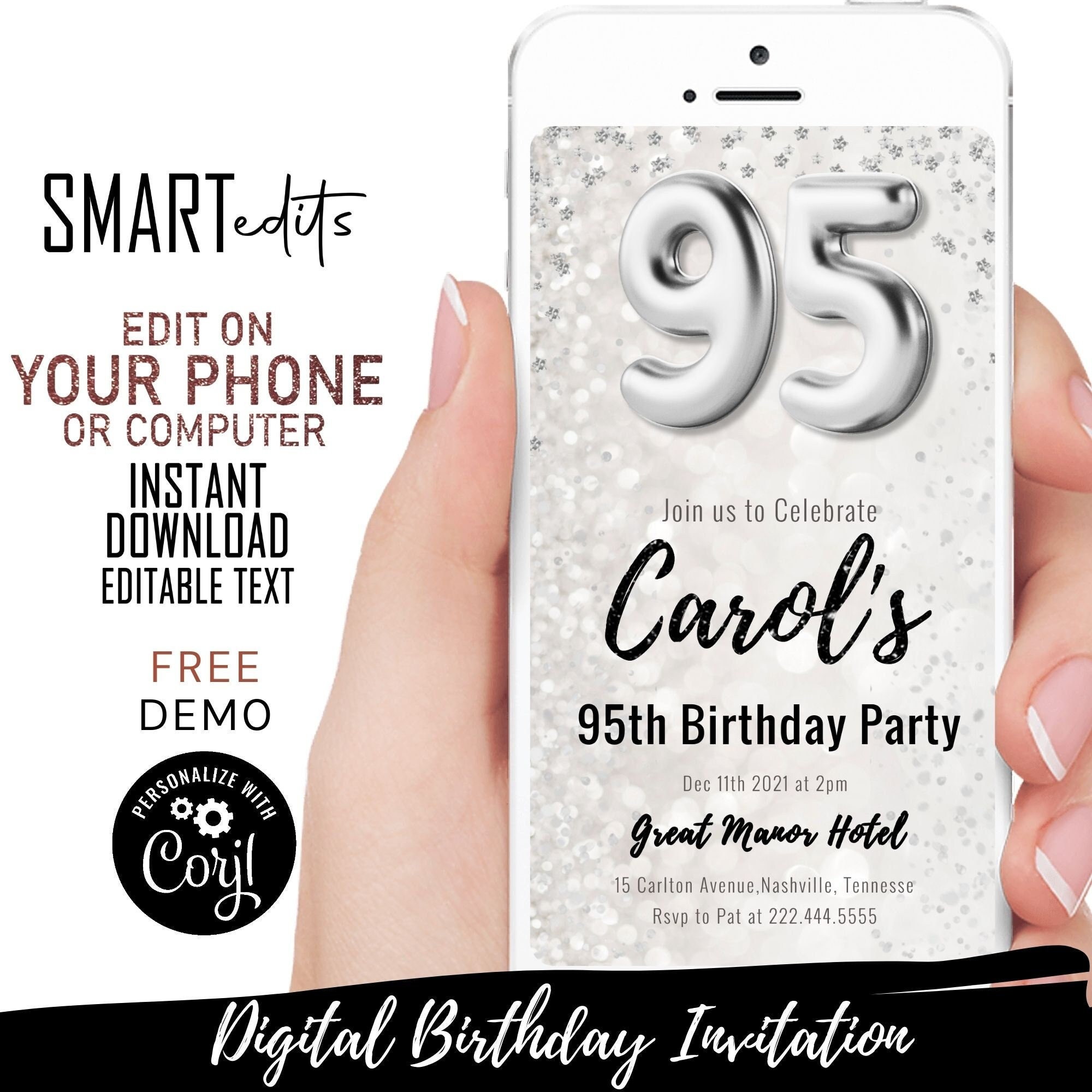 Editable 95th Birthday DIGITAL Invitation Silver Glitter 95 - Etsy