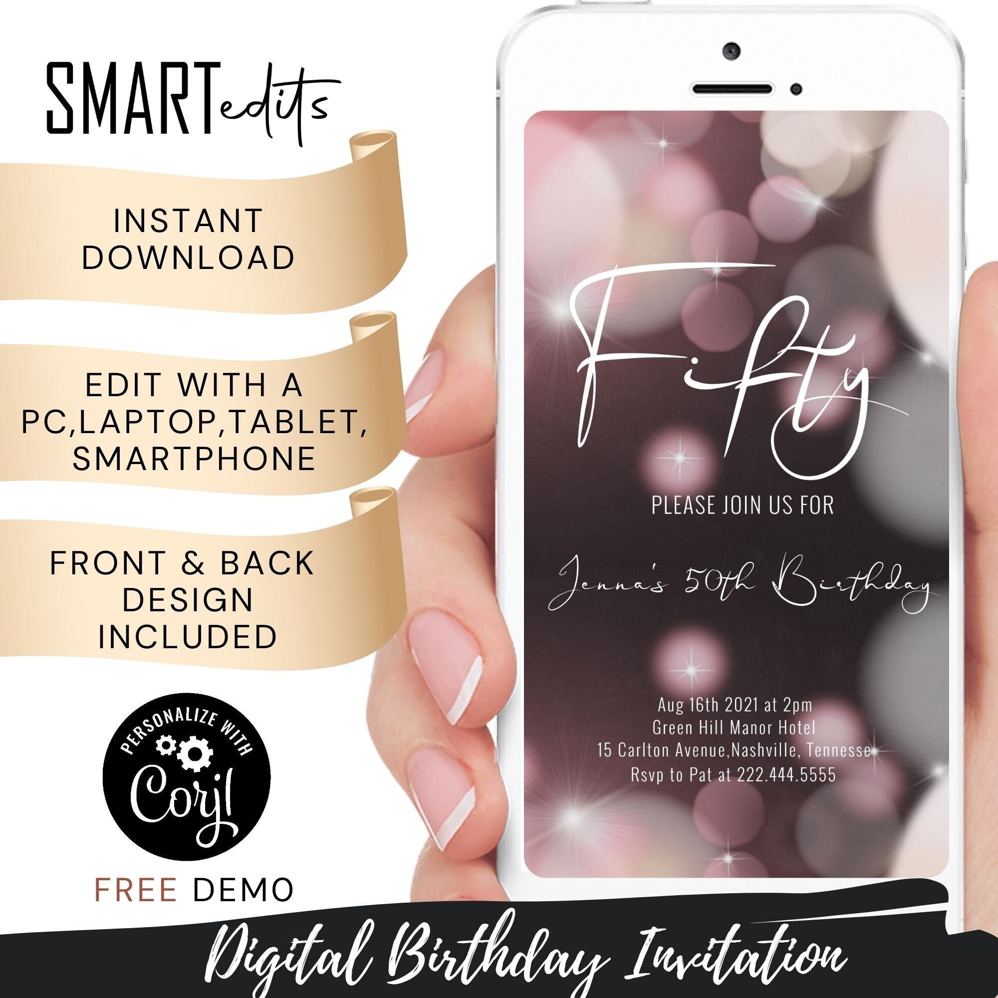 Fifty 50th DIGITAL Birthday Invitation Ladies Men Glitter Dust Evite