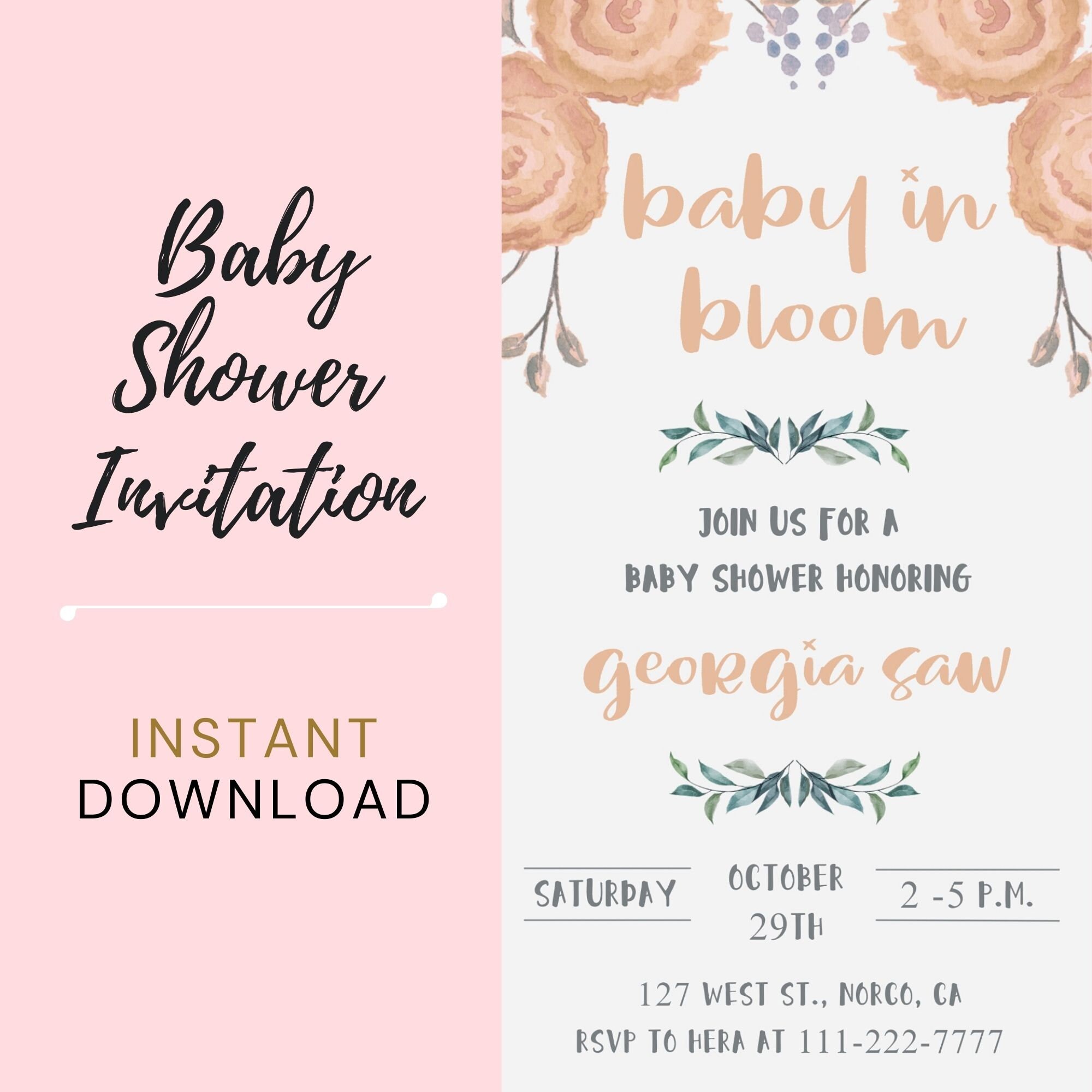 Digital Baby Shower Invitation Boy or Girl Evite Baby in Bloom Pink