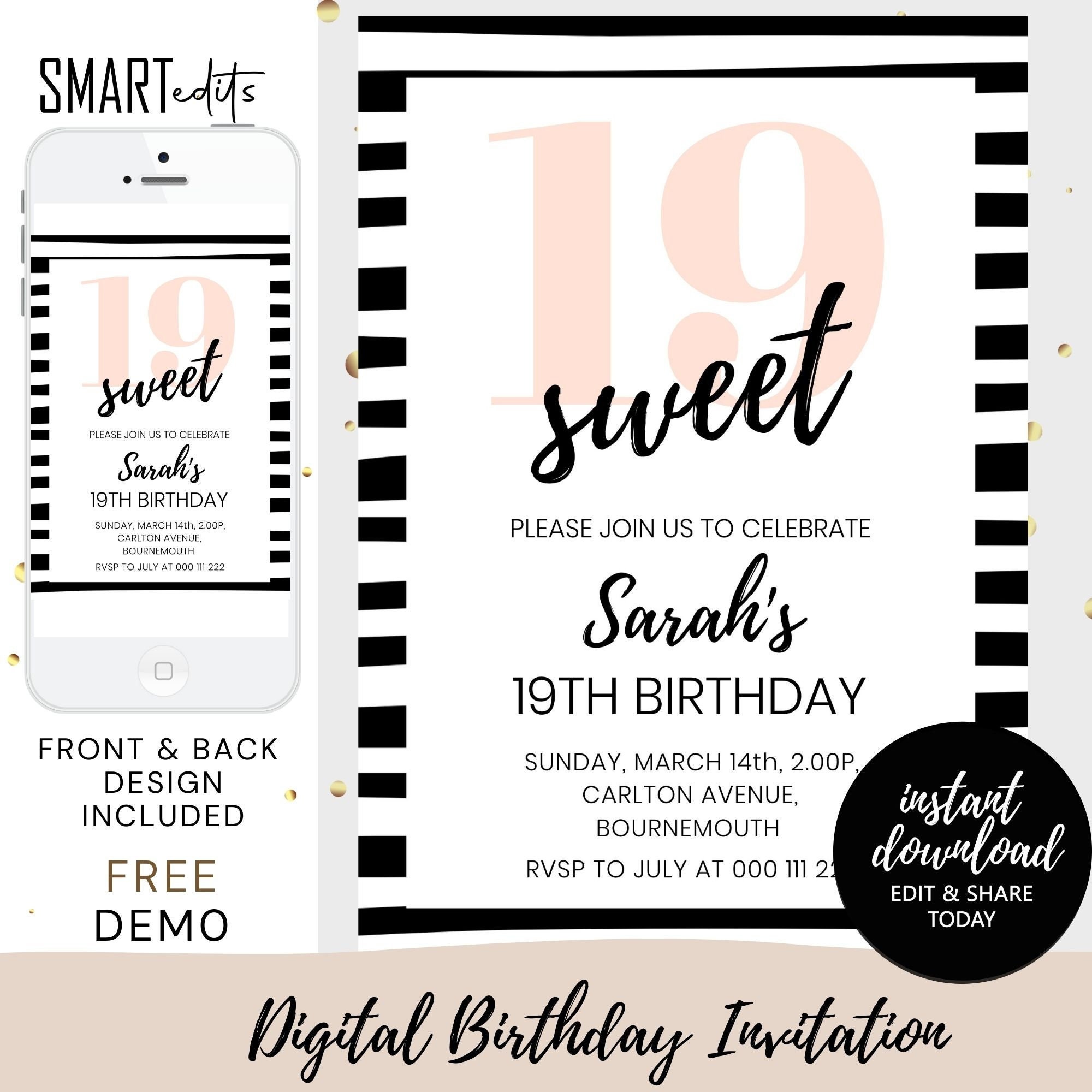 Invitations Paper DIGITAL Happy 19th Birthday Invitation Nineteen Today ...