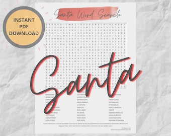 Santa Word Search Puzzle | Printable Christmas Party Adult Christmas Games Holiday Party Activities | Christmas Kids Games