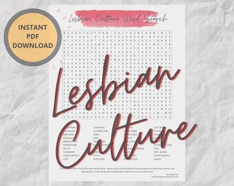Lesbian Culture Word Search Puzzle | LGBTQ Pride Games | Queer Gay Activities | Instant Download | Printable Game | Lesbian Bachelorette