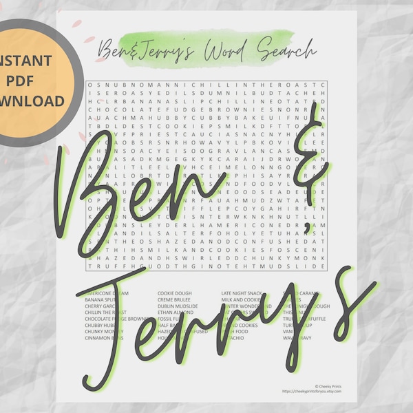 Ben & Jerry's Word Search Puzzle | Printable Games | Instant Download | Challenging Word Search Puzzle | Ice Cream Fan Gifts