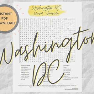 Washington DC Word Search Puzzle | Printable Travel Games | Instant Download | Super hard adult road trip games | Moving Housewarming