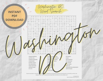 Washington DC Word Search Puzzle | Printable Travel Games | Instant Download | Super hard adult road trip games | Moving Housewarming