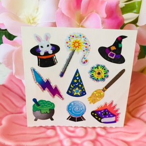 Sandylion Vintage Rare shiny Magic Tricks small sticker module, so sweet,cat in hat, spell book, wizard stickers