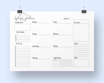 Weekly Planner, Undated A3 Weekly Planner, ADHD Planner Printable, Instant Download