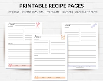 Peut inclure: Pages de recettes imprimables au format PDF de taille lettre. Trois designs présentent un fouet et une cuillère, un batteur sur socle et un rouleau à pâtisserie. Chaque page comporte des sections pour les ingrédients, les instructions, les portions, le temps de préparation et le temps total.