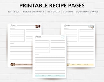 Printable Blank Recipe Planner Pages, Digital Recipe Sheet For Meal Planners, Recipe Binder Printable Pages, Size 8.5 x 11, Kitchen Designs
