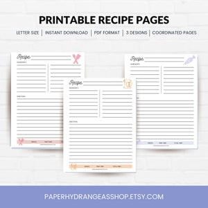 Printable Blank Recipe Planner Pages, Digital Recipe Sheet For Meal Planners, Recipe Binder Printable Pages, Size 8.5 x 11, Kitchen Designs