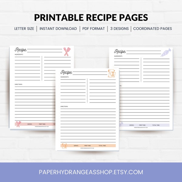 Printable Blank Recipe Planner Pages, Digital Recipe Sheet For Meal Planners, Recipe Binder Printable Pages, Size 8.5 x 11, Kitchen Designs