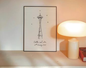 Personalised Space Needle Art Print | Seattle Engagement, Wedding or Anniversary Gift | First Holiday Keepsake