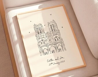 Personalised Notre Dame Cathedral Art Print | Paris Engagement, Wedding or Anniversary Gift | First Holiday Keepsake