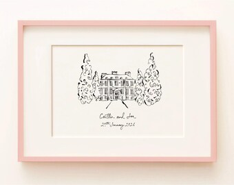 Personalised Pynes House Art Print | Devon Wedding Venue Line Drawing | Unique Couples Wedding/Anniversary Gift