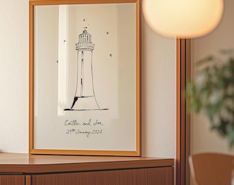 Personalised New Brighton Lighthouse Art Print | Brighton Engagement, Wedding or Anniversary Gift | First Holiday Keepsake
