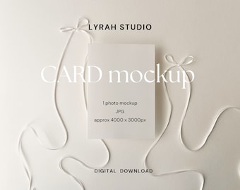 Maqueta de tarjeta minimalista plana con lazos de cinta blanca / Maqueta de papelería de boda caprichosa / Maqueta de invitación estética moderna y coqueta