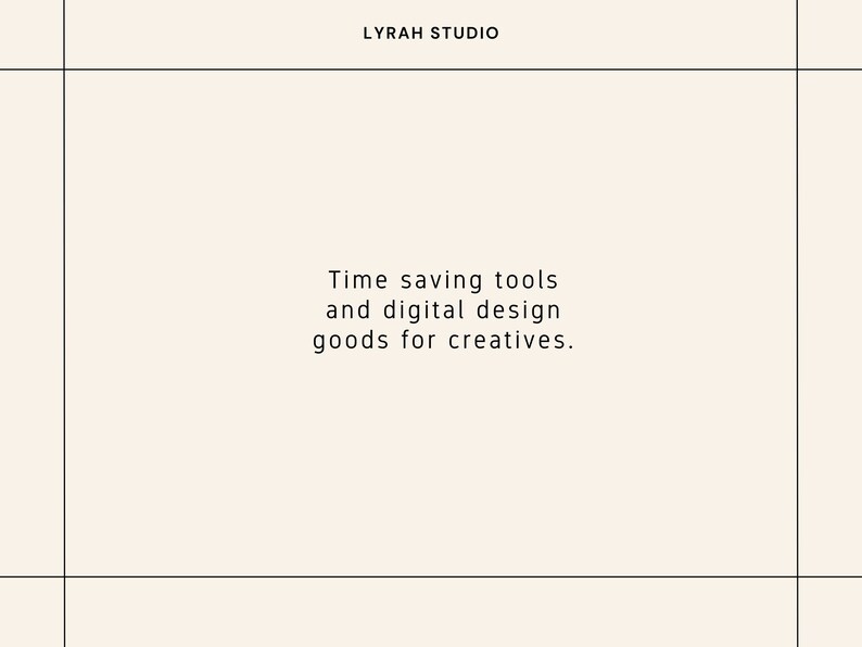 Puede incluir: Fondo color crema con l&iacute;neas de cuadr&iacute;cula negras y texto. El texto dice "LYRAH STUDIO" en la parte superior y "Time saving tools and digital design goods for creatives" en el centro.