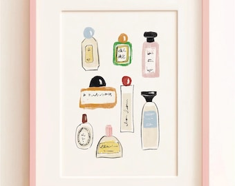 Lámina decorativa con diseño de frascos de perfume; regalo ideal para amantes de la belleza.