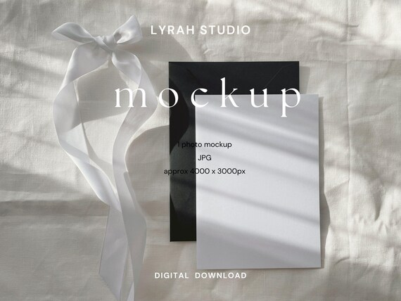 Stationery Card Flatlay Mockup with Black Envelope & White Ribbon | Elegant Invitation Styled Photo