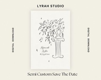 COMO Digital Download | Italian Inspired Personalised Save The Date with Whimsical Lettering Font, Hand Drawn Roman Column and Florals