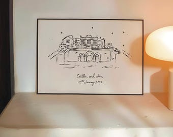 Personalised Euridge Manor Art Print | Wiltshire Wedding Venue Line Drawing | Unique Couples Wedding/Anniversary Gift