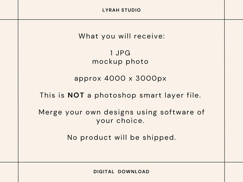 Puede incluir: Una descarga digital de una foto de maqueta para un producto. La foto es de aproximadamente 4000 x 3000 p&iacute;xeles y no es un archivo de capa inteligente de Photoshop. El texto en la imagen dice: "Lo que recibir&aacute;s: 1 JPG foto de maqueta aprox. 4000 x 3000px Esto NO es un archivo de capa inteligente de Photoshop. Fusiona tus propios dise&ntilde;os usando software de tu elecci&oacute;n. No se enviar&aacute; ning&uacute;n producto. DESCARGA DIGITAL"