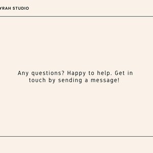 Pu&ograve; includere: Grafica color crema con il testo "LYRAH STUDIO" in alto. Sotto, si legge "Any questions? Happy to help. Get in touch by sending a message!" in un font semplice e leggibile.