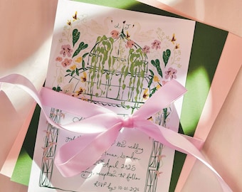 Illustrazione floreale in serra per invito di nozze in giardino, inviti per baby shower / Bordo illustrato con cigno in serra / DOWNLOAD DIGITALE