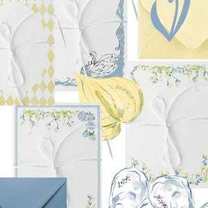 Placeringskort, meny och ram för festinbjudningar i smörgult och blått blommigt | Kustnära bröllop, babyshower-brevpapper | DIGITAL NEDLADDNING