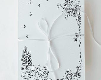 Illustrazione di cigni e stelle per un elegante invito di nozze in una casa di campagna / Bordo illustrato con uccellino celeste / DOWNLOAD DIGITALE