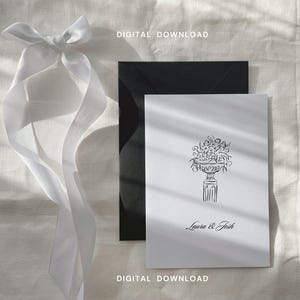 Stationery Card Flatlay Mockup with Black Envelope & White Ribbon | Elegant Invitation Styled Photo image 2