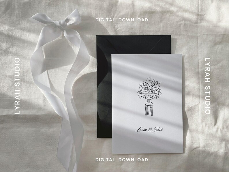 Stationery Card Flatlay Mockup with Black Envelope & White Ribbon | Elegant Invitation Styled Photo image 2