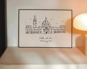 Personalised Cardiff City Hall Art Print | Welsh Registry Wedding Venue Line Drawing | Unique Couples Wedding/Anniversary Gift
