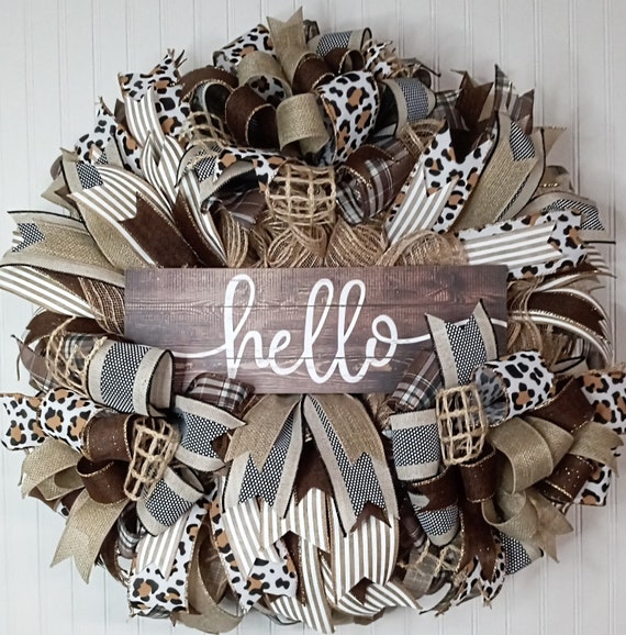 Everyday Hello Wreath With Leopard Print Ribbon for Front