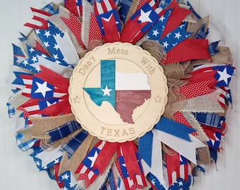 Don't Mess With Texas deco mesh wreath for front door, Texas wreath for front door, Red, White and Blue Texas wreath, Year round wreath